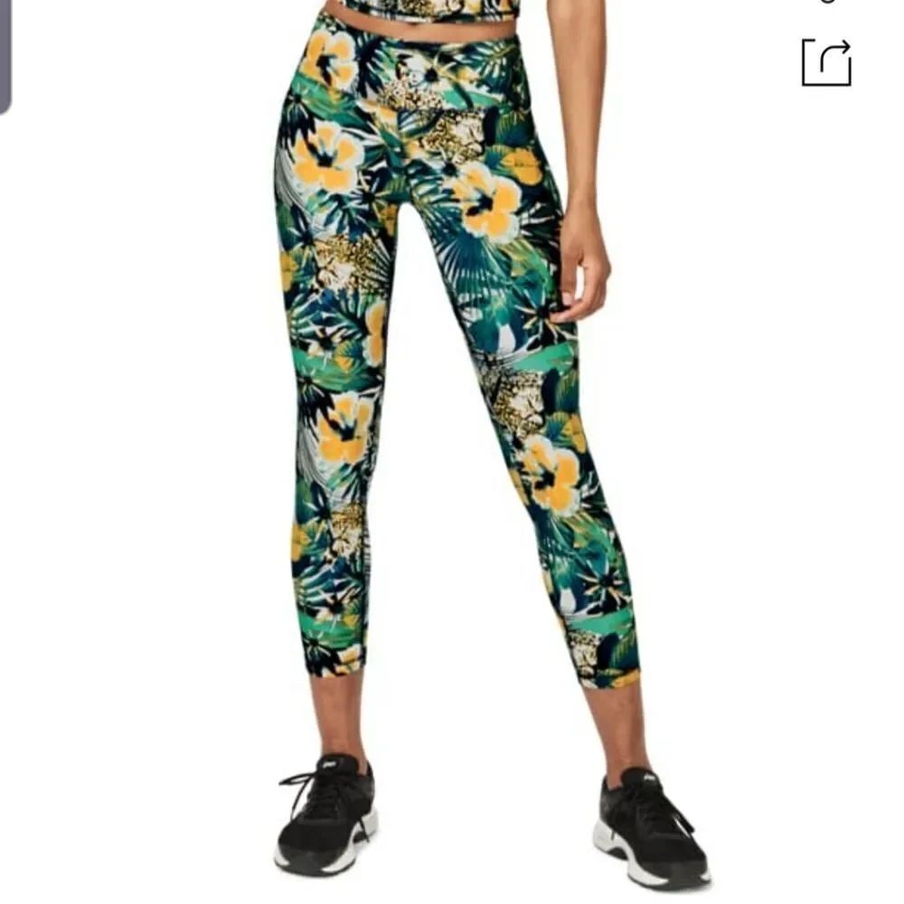 Sweaty Betty Contour 7/8 Workout Leggings Green hibiscus floral print sz small